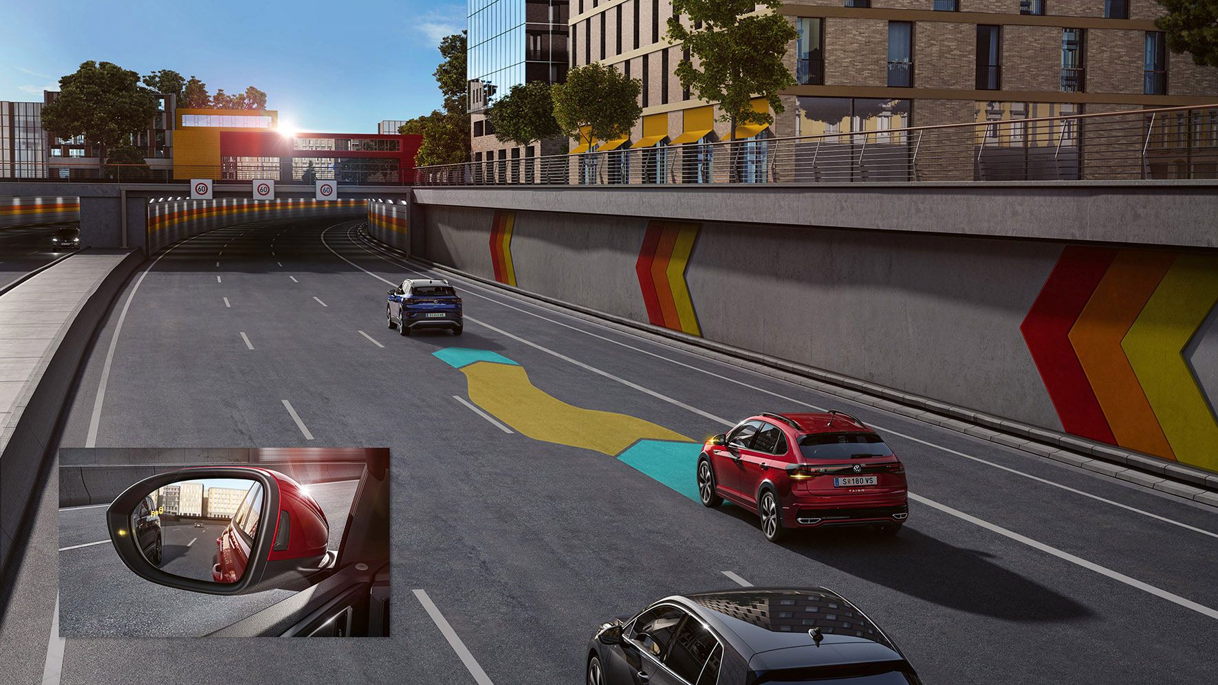 Grafik zeigt den Side Assist beim VW Taigo