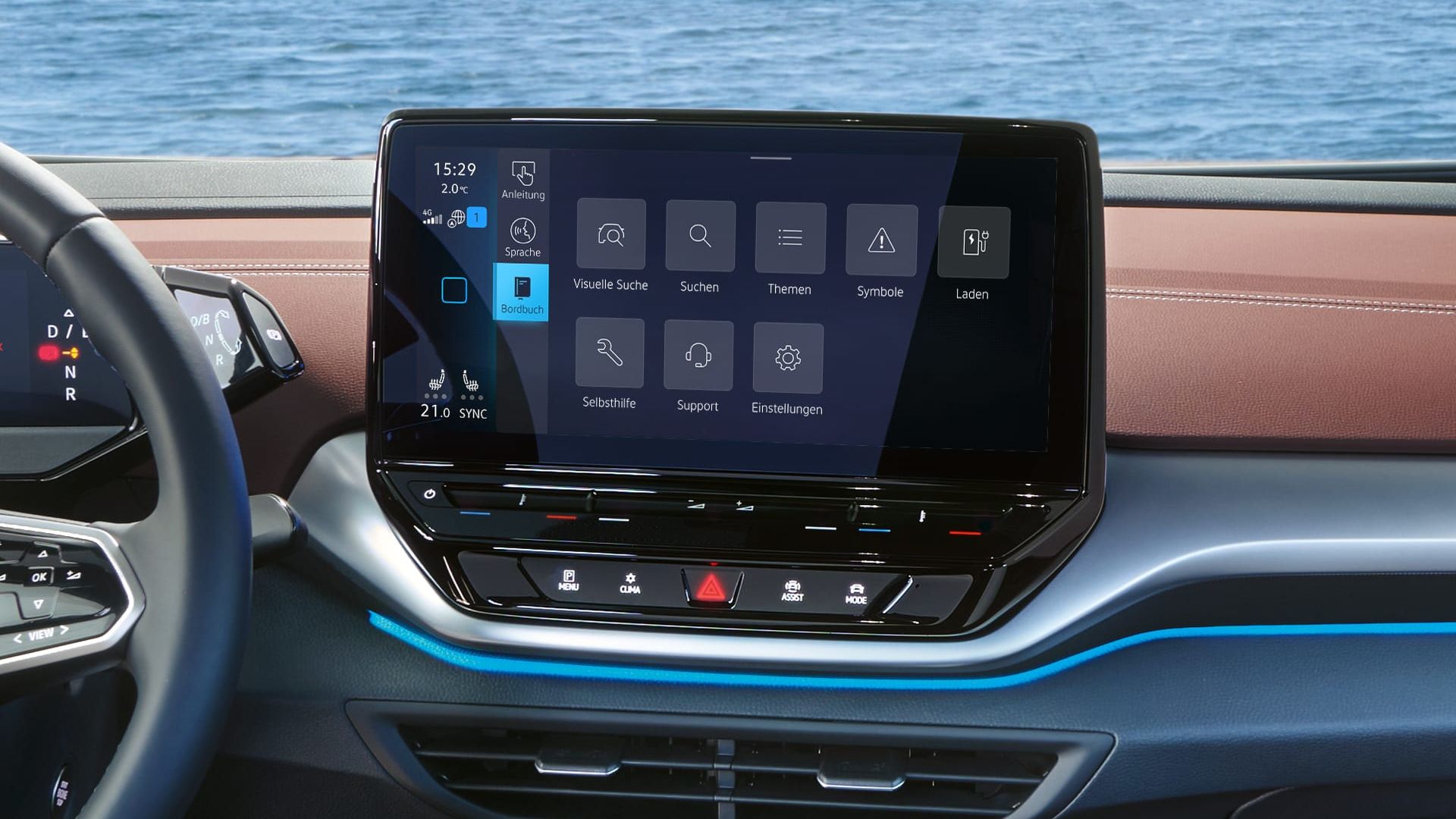 Infotainment-System in einem ID.5, auf dem Screen ist das Digitale Bordbuch zu sehen