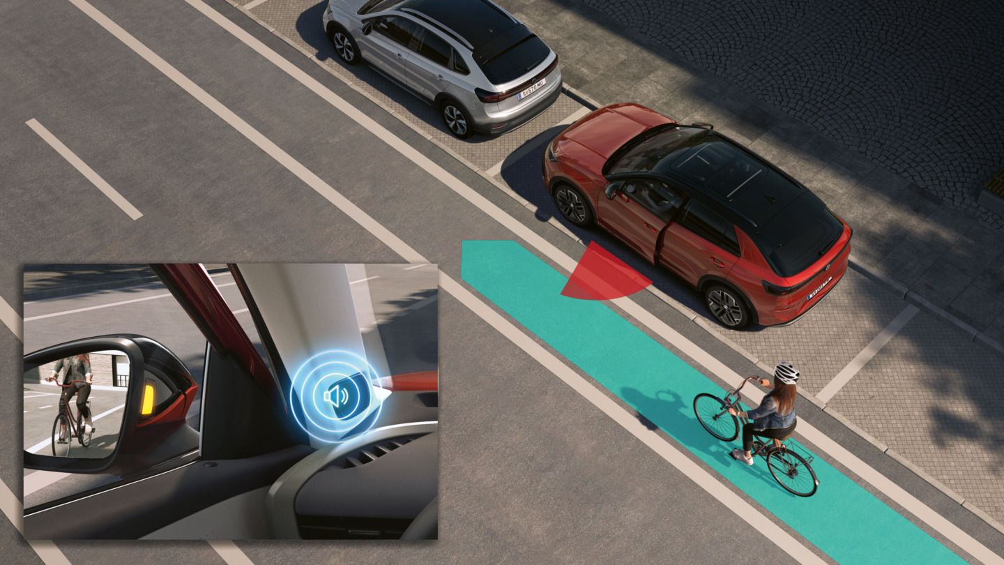 VW T-Roc Illustration zeigt schematisch anhand eines VW T-Roc die Funktionsweise der Ausstiegswarnung.