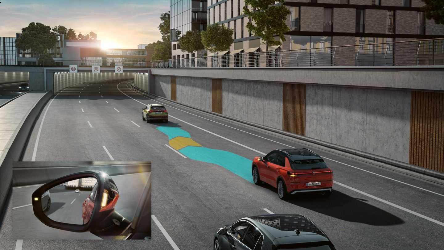 VW T-Roc Illustration zeigt schematisch anhand eines VW T-Roc die Funktionsweise des Side Assist.