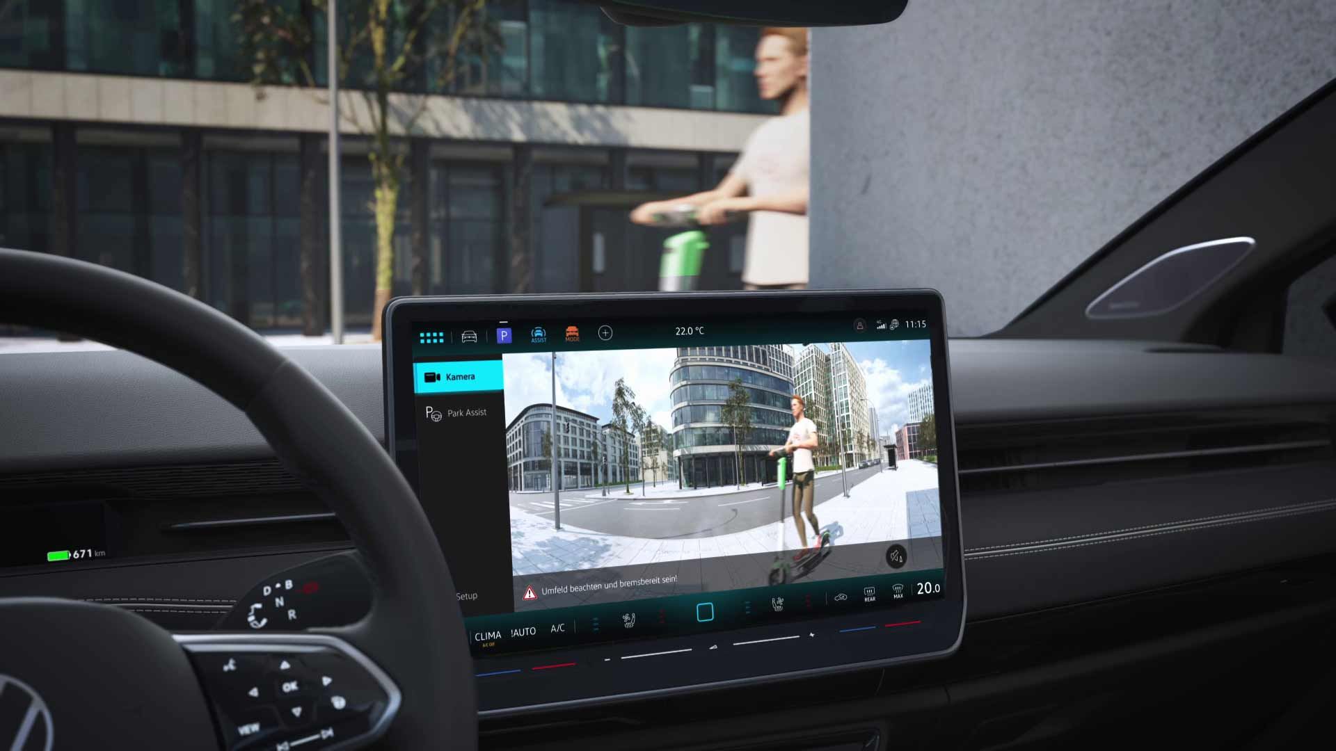 Interior vom ID.7 mit Fokus auf das Infotainment mit ausgewähltem assistance package area view.